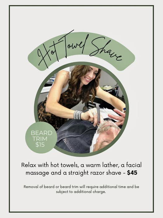 Hot towel shave promotion with beard trim and straight razor shave pricing at Hot Headz and Co.