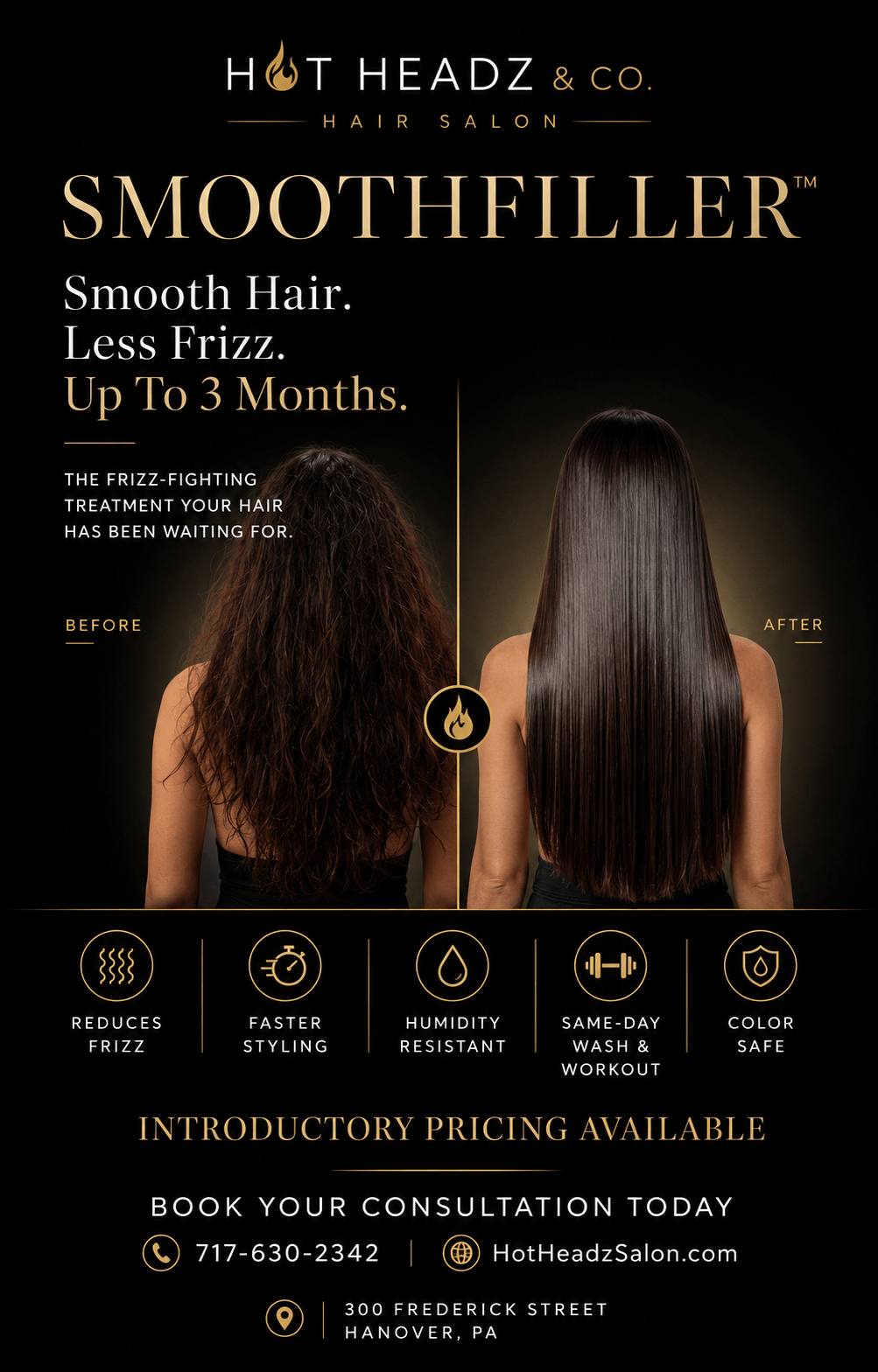 Smoothfiller promotion for smoother hair, less frizz, and introductory pricing at Hot Headz and Co.