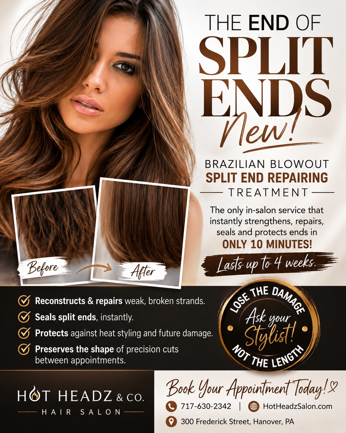 Brazilian Blowout split end repairing treatment promotion at Hot Headz and Co.